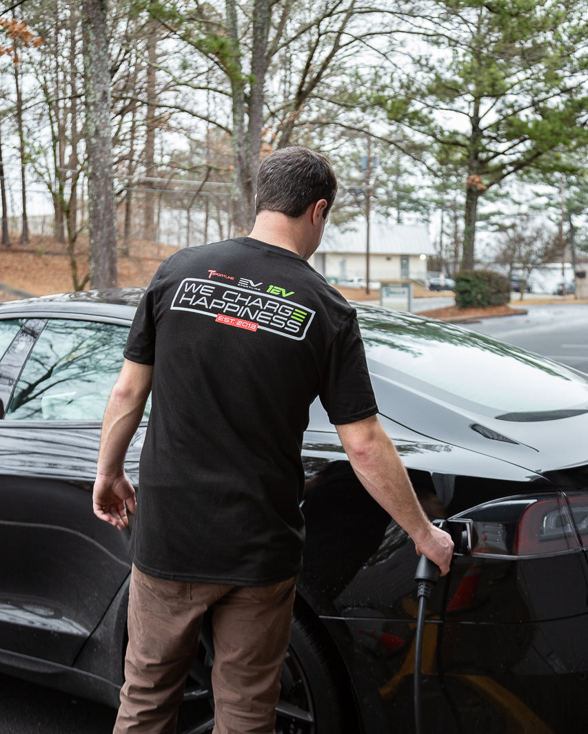 Tesla &quot;We Charge Happiness&quot; Black Crew Neck T-Shirt by T Sportline