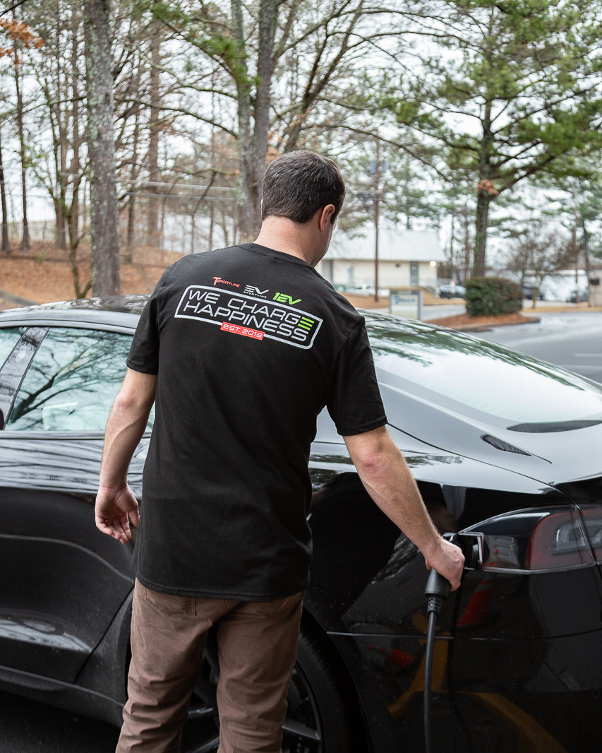 Tesla "We Charge Happiness" Black Crew Neck T-Shirt by T Sportline