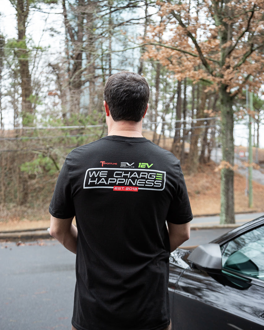 Tesla "We Charge Happiness" Black Crew Neck T-Shirt by T Sportline